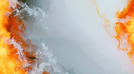 Fiery orange and white smoke swirls abstractly over a light grey backdrop