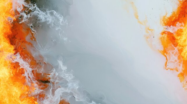 Fiery orange and white smoke swirls abstractly over a light grey backdrop