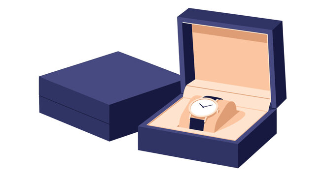 Luxury wristwatch in open navy blue gift box, isolated on white background