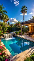 Fototapeta premium Luxurious Backyard Pool with Waterfall in Tropical Modern Villa Garden
