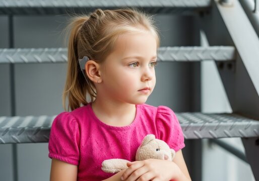 A young girl with a cochlear implant holding a teddy bear while sitting on metal stairs