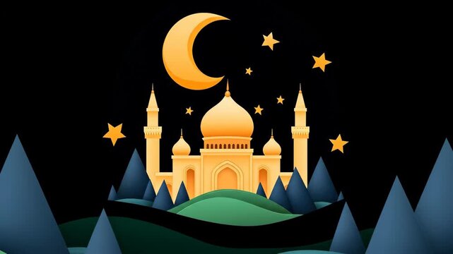 A vibrant digital illustration depicts a mosque under a crescent moon, and stars, creating a celestial ambiance