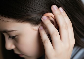 Fototapeta premium Closeup of a young girl touching her ear, suggesting ear pain or discomfort, studio lighting