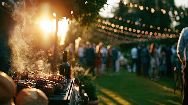 Smoky barbecue sizzles at a sun-drenched outdoor party with twinkling lights