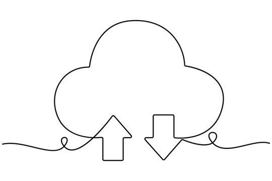 Cloud computing line art with upload and download arrows outline design vector illustration