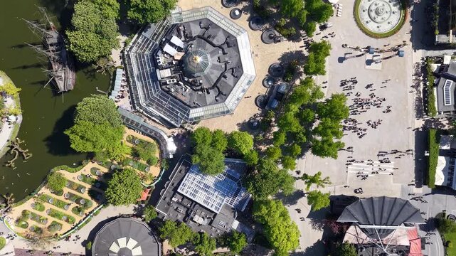 Top-down aerial view of Tivoli Gardens in Copenhagen, Denmark