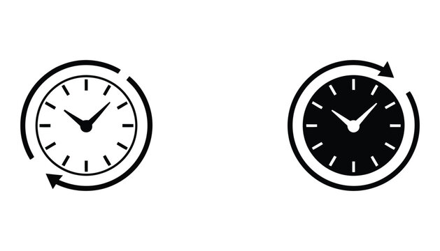 Recurring clock outline icon collection featuring circular arrow designs, time management symbols, schedule repeat functions, synchronization graphics, and minimalist vector illustrations