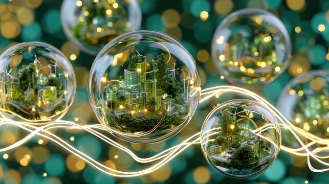 Verdant cityscapes encapsulated in glowing bubbles, interconnected by light