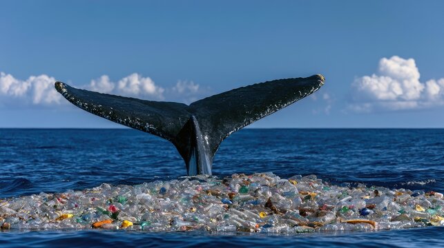 Whale fluke emerges from ocean choked with plastic bottles