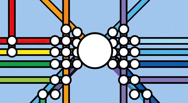 Geometric network of colorful lines and circles on a light blue background
