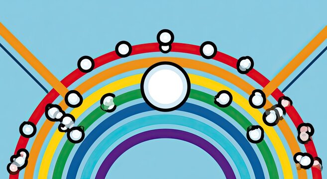 Vibrant rainbow arc with scattered white circles against a sky blue backdrop