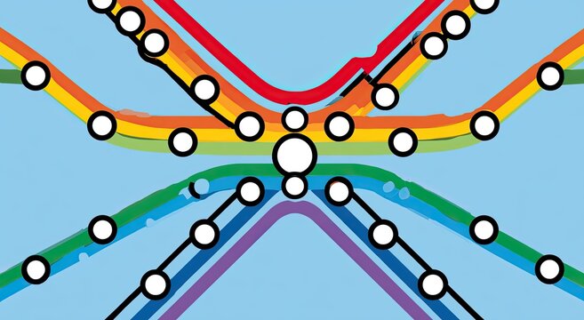 Stylized, abstract subway map with rainbow-colored lines and white circles