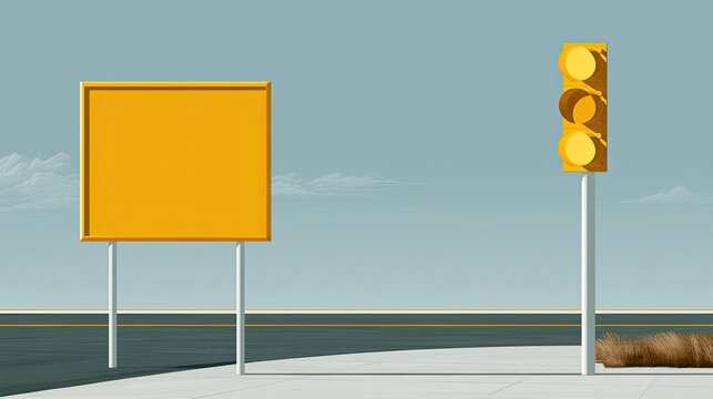 Empty sign and traffic signal on paved road under pale sky