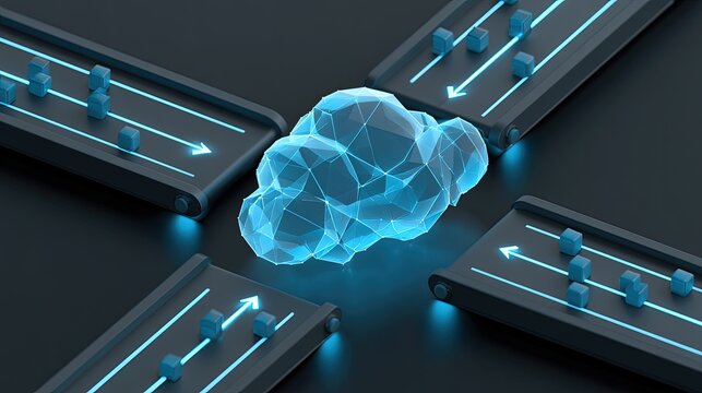 Digital data flowing on conveyors into a luminous cloud graphic