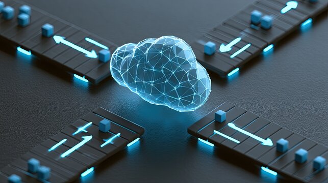 Networked cloud hub connecting multiple data streams with glowing blue accents