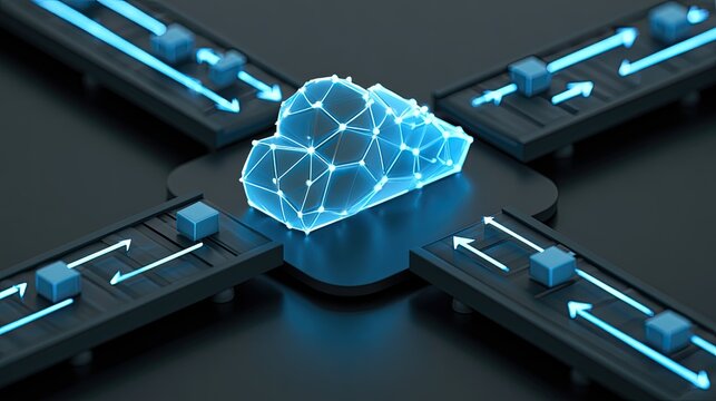 Digital cloud icon connected to four conveyor belts with blue cubes