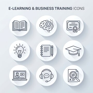 E-learning business training icons illustrate education and skill development