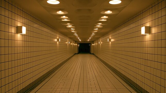 Illuminated tiled passage leading to darkness