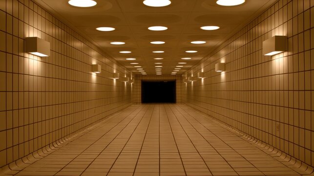 Illuminated tiled corridor with a dark void at the end