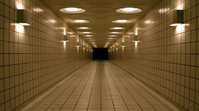 Dimly lit, tiled corridor stretches into darkness, illuminated by wall and ceiling lights