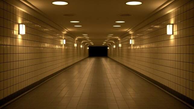A long, brightly lit, tiled pedestrian underpass receding into darkness