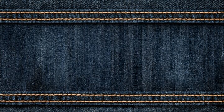 A dark blue denim fabric with double parallel orange stitching creating a horizontal frame
