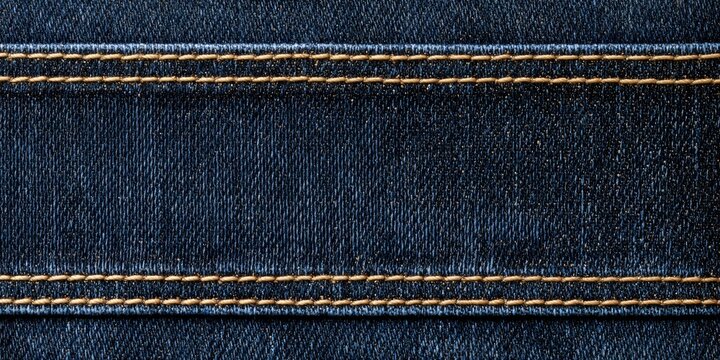Dark blue denim fabric with parallel golden-brown stitching