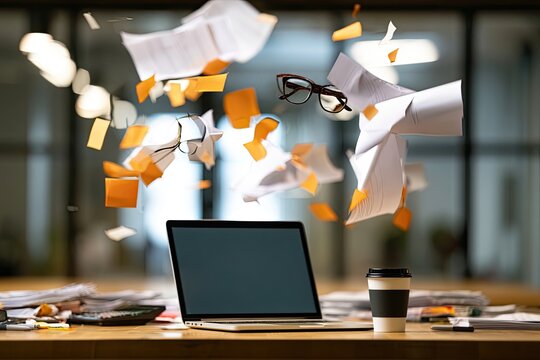 Papers and sticky notes explode upwards from a desk, with a laptop and coffee