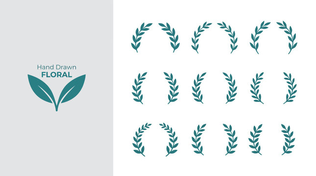 Hand-drawn teal floral laurel wreath icons and logo badge vector set