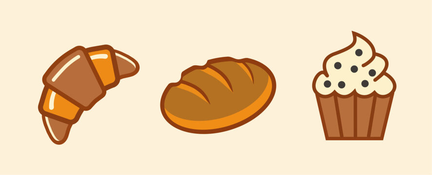 Bakery Food Icon Set, Croissant Bread and Cupcake Illustration, Cute Pastry Vector Collection