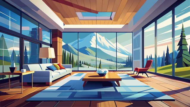Realistic vector illustration of luxurious modern living room with floor-to-ceiling glass window, snowy mountain landscape outside, natural winter daylight reflecting on polished wooden floor