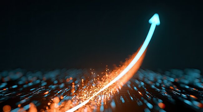 Glowing arrow streaks upward through a field of sparks