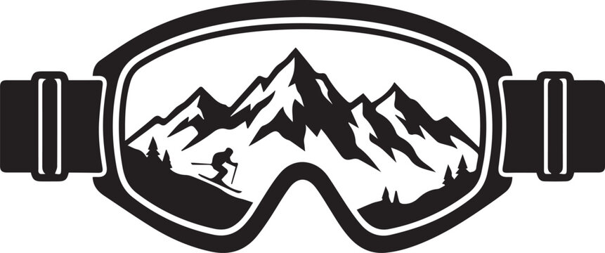 Winter sport ski goggles with mountain landscape and skier silhouette on transparent background.