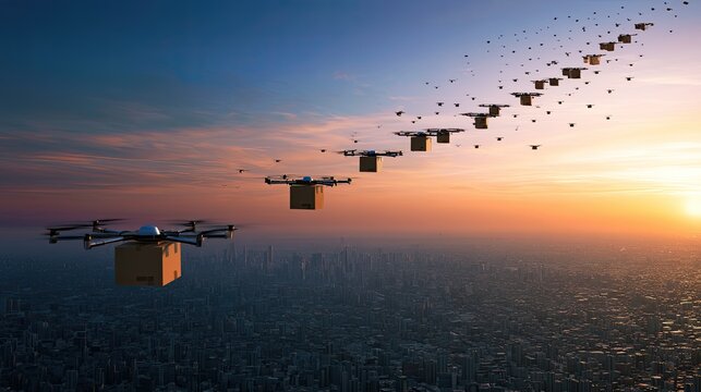 Drones delivering packages across a city at sunset