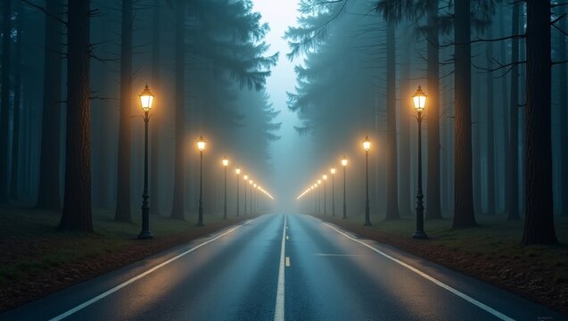 Straight wet forest road lined with symmetric glowing antique street lamps, fading into thick blue fog between tall evergreen trees.