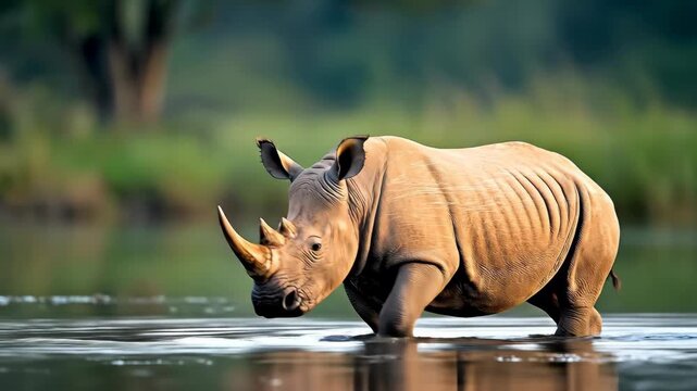 A large rhinoceros walks through shallow water in a serene natural setting. Its horn stands out
