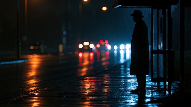 A lone figure in a hat waits at a rain-slicked bus stop at night