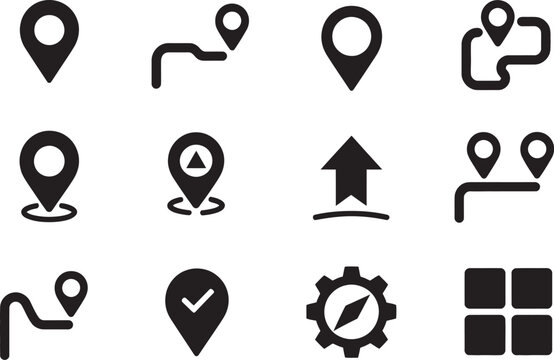 Navigation, icon badge set featuring map pins, checkpoints, branching paths, and waypoint symbols in clean minimalist vector style ideal for GPS apps, mapping systems, and travel interface design.