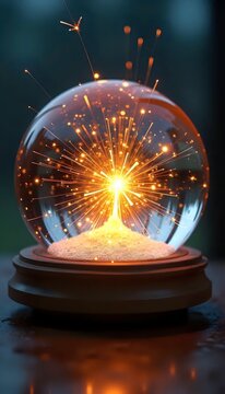 A close up of a snow globe with sparks coming out of it.