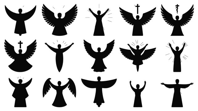 Angel silhouette collection in various poses with wings spread and arms raised for worship.