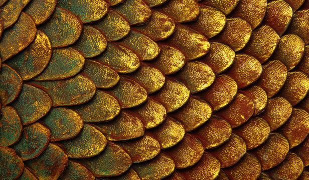 Detailed metallic dragon scales background texture with a rich combination of old gold, bronze, copper, and green patina tones, creating an ancient mythical creature skin pattern armor effect.