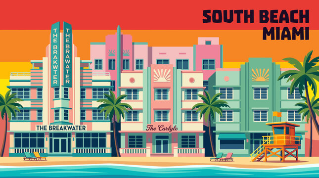 south beach miami coastline vector with turquoise ocean colorful atmosphere and vibrant waterfront travel destination