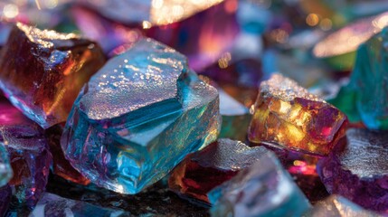 Fototapeta premium Colorful Fragments of Recycled Glass Reflecting Sunlight and Creating Beautiful Abstract Patterns in Various Tones