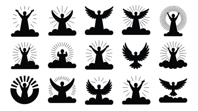 Religious collection set, silhouettes of people and winged figures with radiant light.