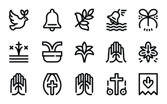 Linear icon collection of religious objects including bells doves plants hands and crosses.