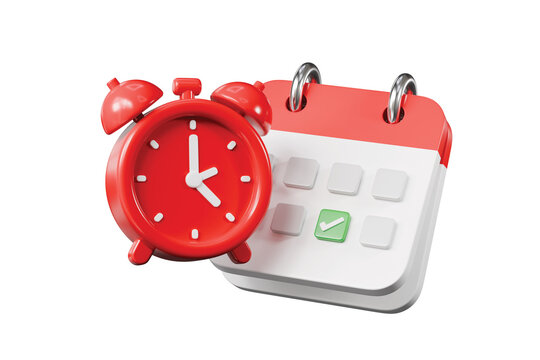 3d calendar reminder icon. time management concept. minimal cartoon checklist calendar and red alarm clock for productivity app. isolated on white transparent background. 3d render.
