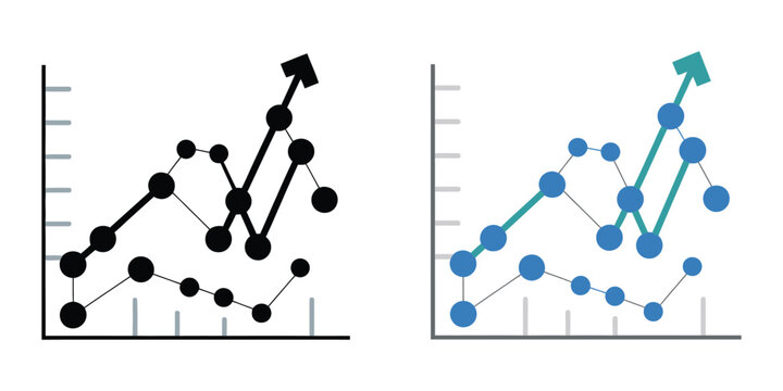 Scatter chart outline icon set featuring upward trend line, analytics symbols, statistical growth graphics, data visualization elements, and business performance vector illustrations