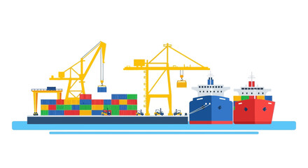 Fototapeta premium Cargo ships and cranes loading containers at a busy port, logistics and shipping concept.