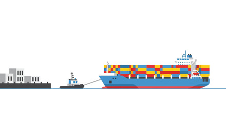 Tugboat towing large cargo ship with containers in ocean, logistics concept © ari