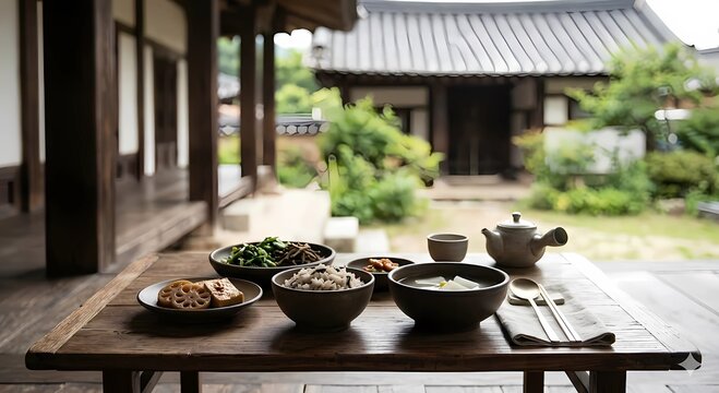 Serene presention of minimalist Korean temple cuisine (Baru-Gong-Yang) in unglazed earthenware on a traditional wooden table.
고즈넉한 사찰 마루, 소박한 질그릇에 정갈하게 차려진 미니멀한 사찰 음식(발우 공양) 한 상